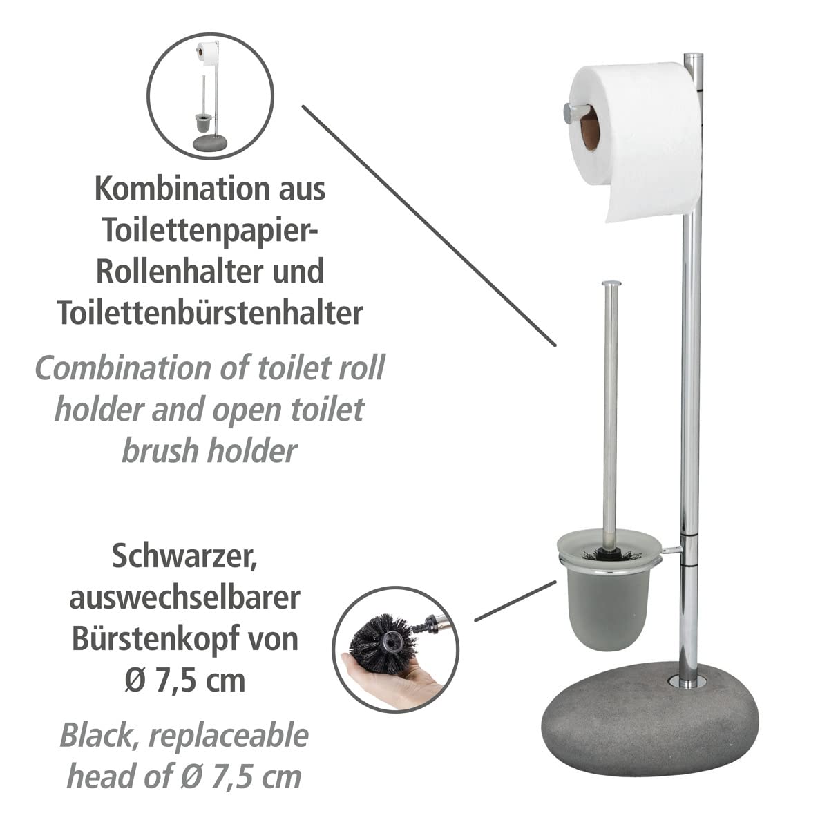 WENKO Stand WC-Garnitur Pebble Stone Grey - WC-Bürstenhalter, Stahl, 23.5 x 70 x 19 cm, Grau