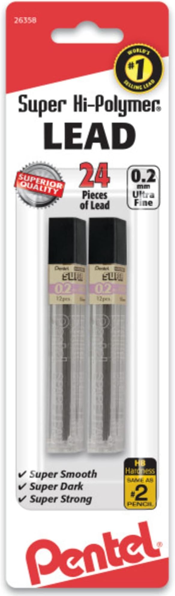 Pentel Super Hi-Polymer Lead Refill 0.2mm, Super Fine, HB, 12ct. Tubes, 2 Pack (C502BP2HB)