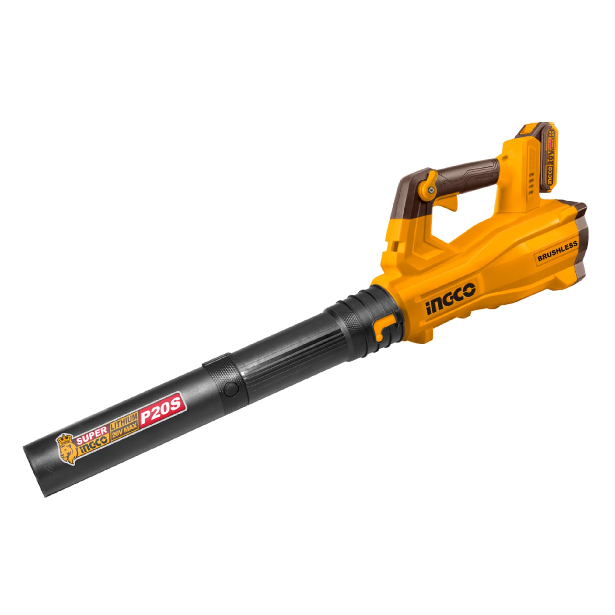INGCO Soplador de hojas sin escobillas de 20 V (solo cuerpo), barredora de hojas de mano inalámbrica, velocidad máxima del aire 144 km/h, 18500 RPM para el cuidado del césped, polvo, limpieza de malas
