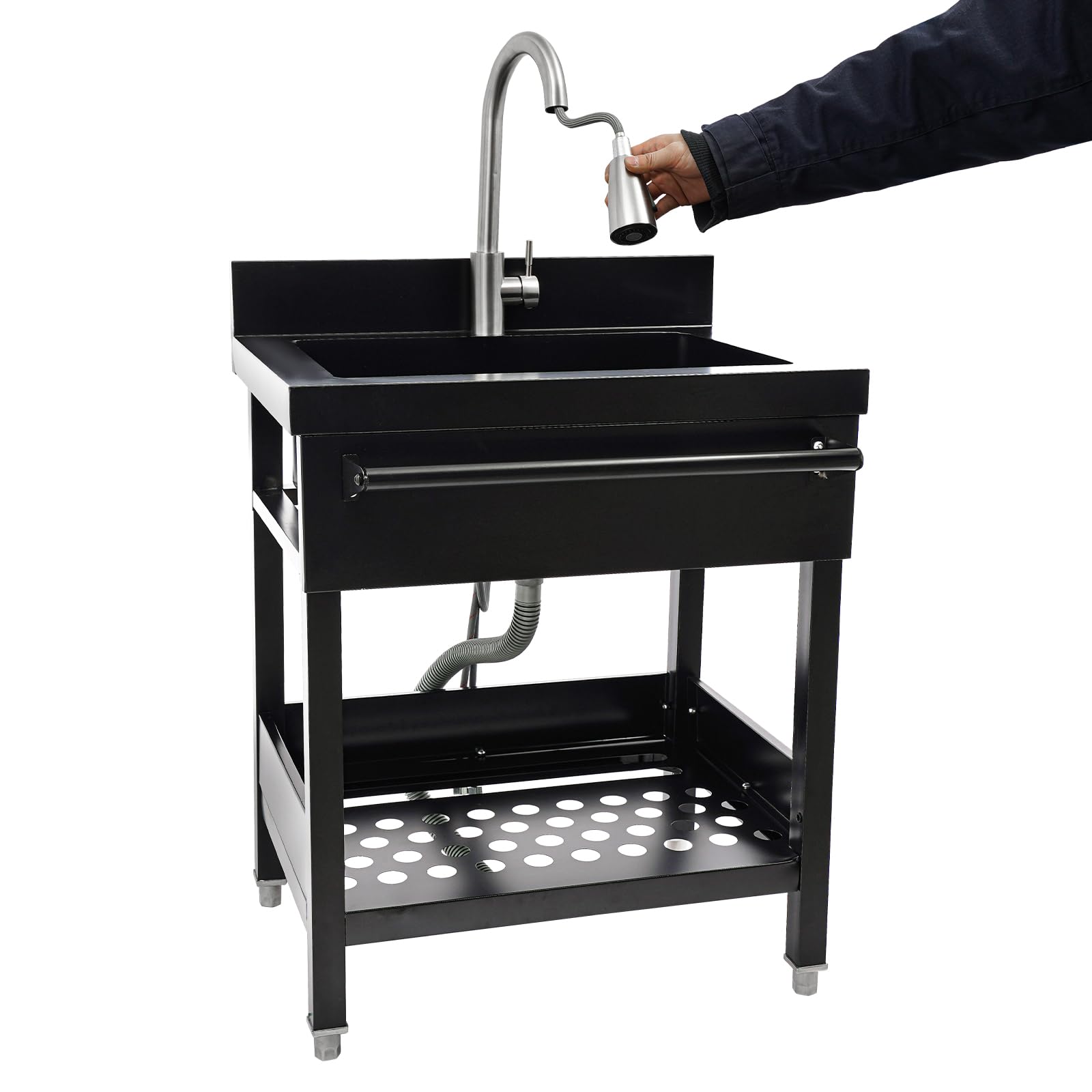 Lavabo freestanding catering cucina ristorante lavello multiuso monovaso con rubinetto, ripiani per garage, lavanderia, giardino, 66 x 52 x 86 cm