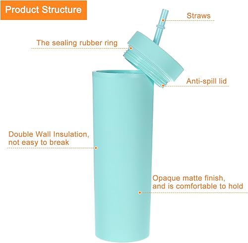 Miniatura 3 de uxcell Vaso delgado con tapas y popotes, 16 onzas, color verde mate, vaso de acrílico pastel reutilizable, vaso de plástico de doble pared para