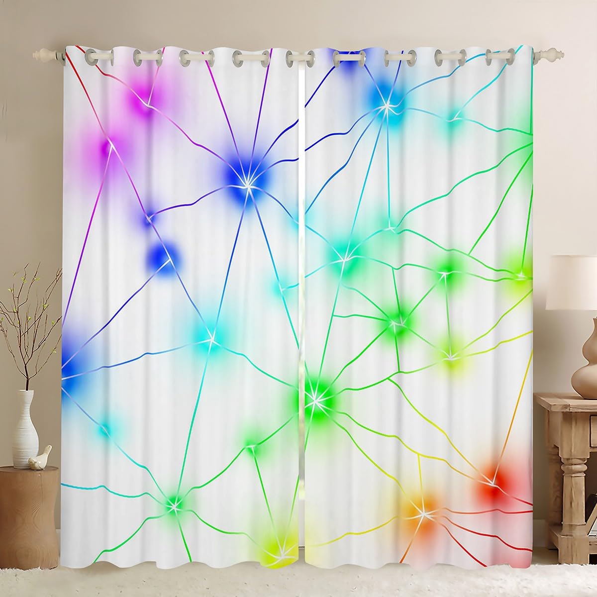 Homewish Geometric White Blackout Curtains 46 x 72 Inch 2 Panels - Retro Neon Rainbow Laser Design Eyelet Curtains for Living Room Bedroom - Abstract Darkening Window Drapes (No Glitter) โ image 1