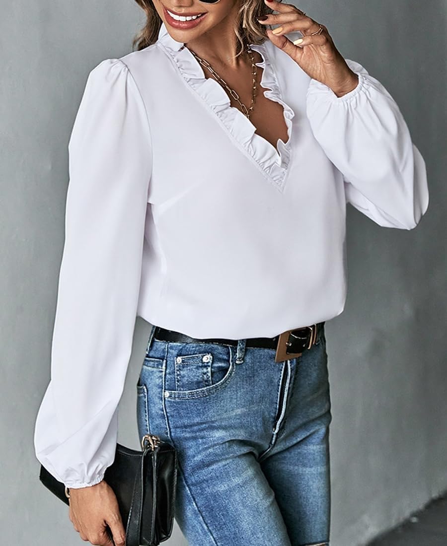 Camicetta Casual in Chiffon con Scollo a V in Pizzo da Donna, Camicia Ampia con Volant Floreale