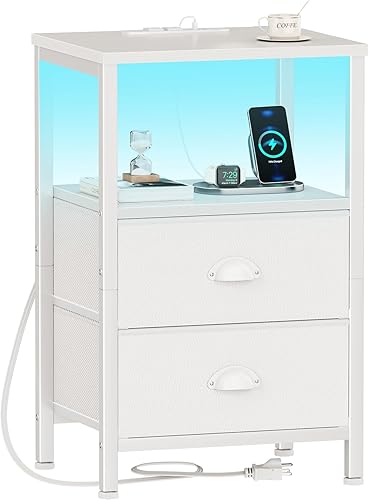 Miniatura 11 de Furologee - Juego de 2 mesitas de noche, mesas auxiliares con estación de carga y luces LED, mesitas de noche negras con 2 cajones de tela, juego de