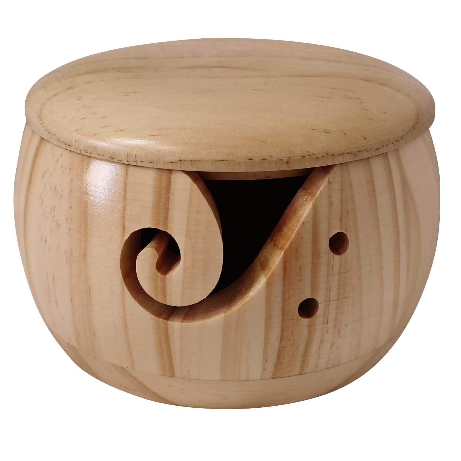 Angelkiss Yarn Lid, Handmade Wooden Wool Bowl with Carved Drill Holes, Needle and Thread Ball Storage, Wood, Burlywood (Log Wool Bowl with lid)