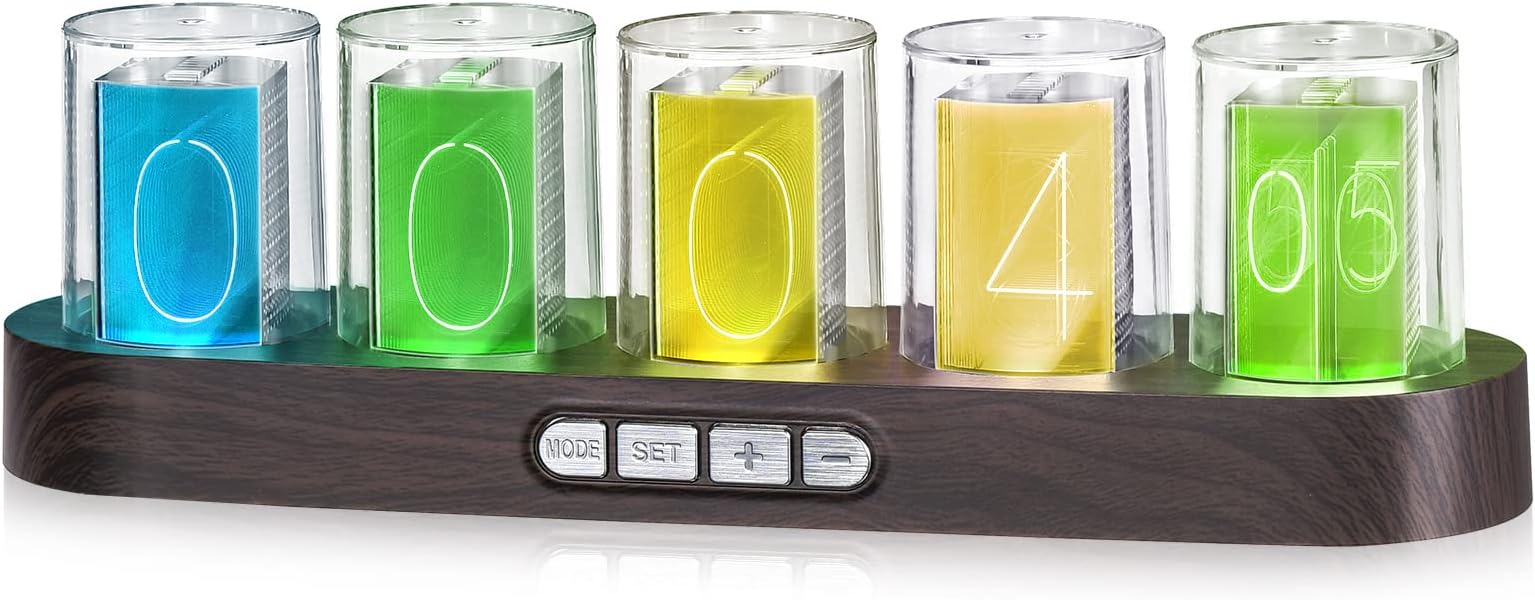 Nixie Tube Clock.Glow Tubes Analog Clock.Creative Retro Digital Variable Color.Exquisite Desktop Decoration- Gift Idea-No Assembly Required (Imitation Wood Grain)