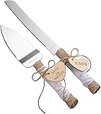 TANG SONG Rustic Style Stainless Steel Wedding Cake Knife and Serving Set Resin Plastic Handle with Twine Heart Love Wood Tag and Burlap Lace Design XXOO