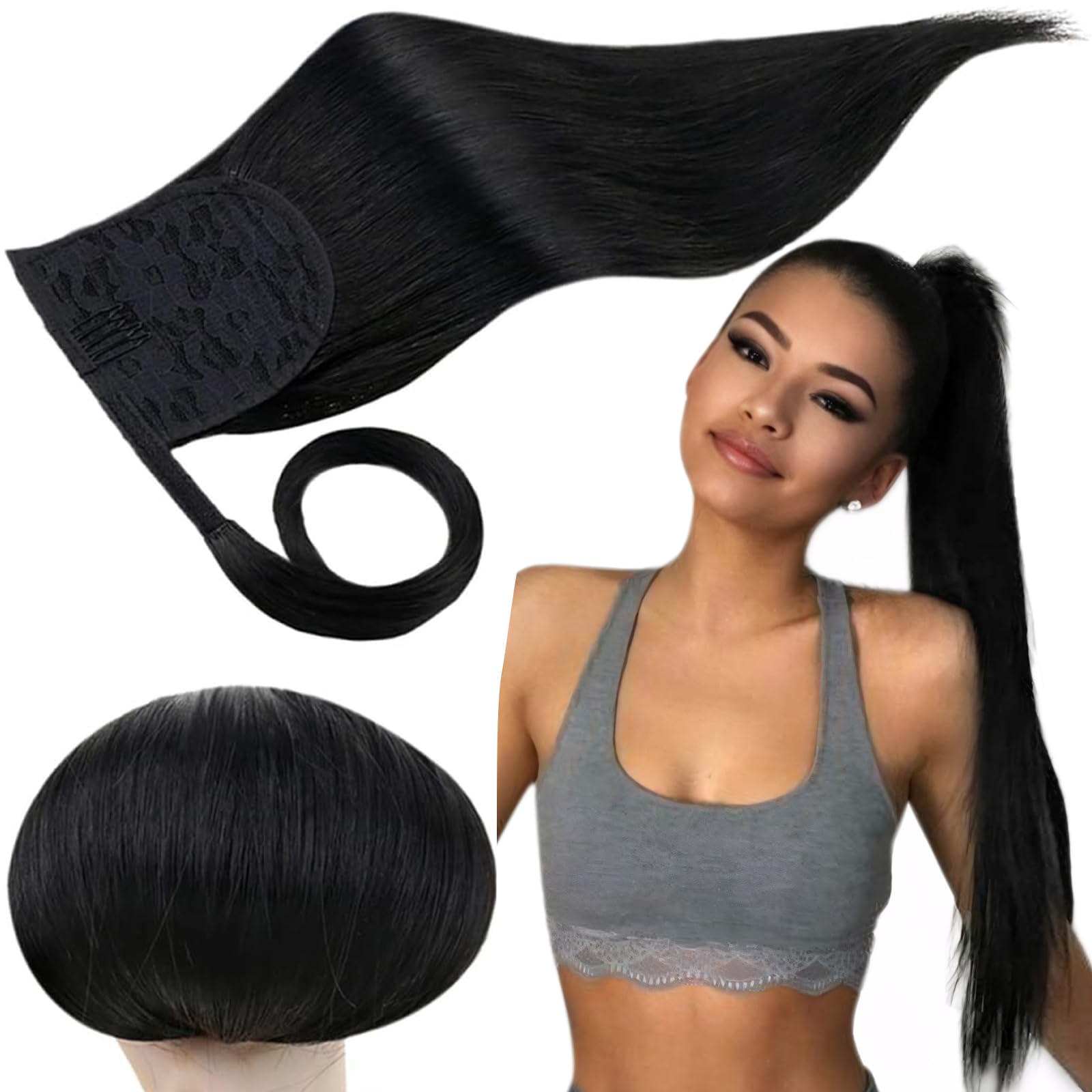 RUNATURE Ponytail Extension Human Hair for Black Women, Real Human Hair Ponytail with Magic Paste, Soft Straight Remy Hair, Daily Wearing, Easy to