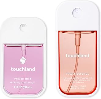 Touchland FRUITY CRUSH Body and Hand Mist Essentials (Peachy Lychee Body & Hair Fragrance Mist, 2 FL. OZ. + Berry Bliss Hydrating Hand Sanitizer Spray 1FL.OZ.), Travel Size Set