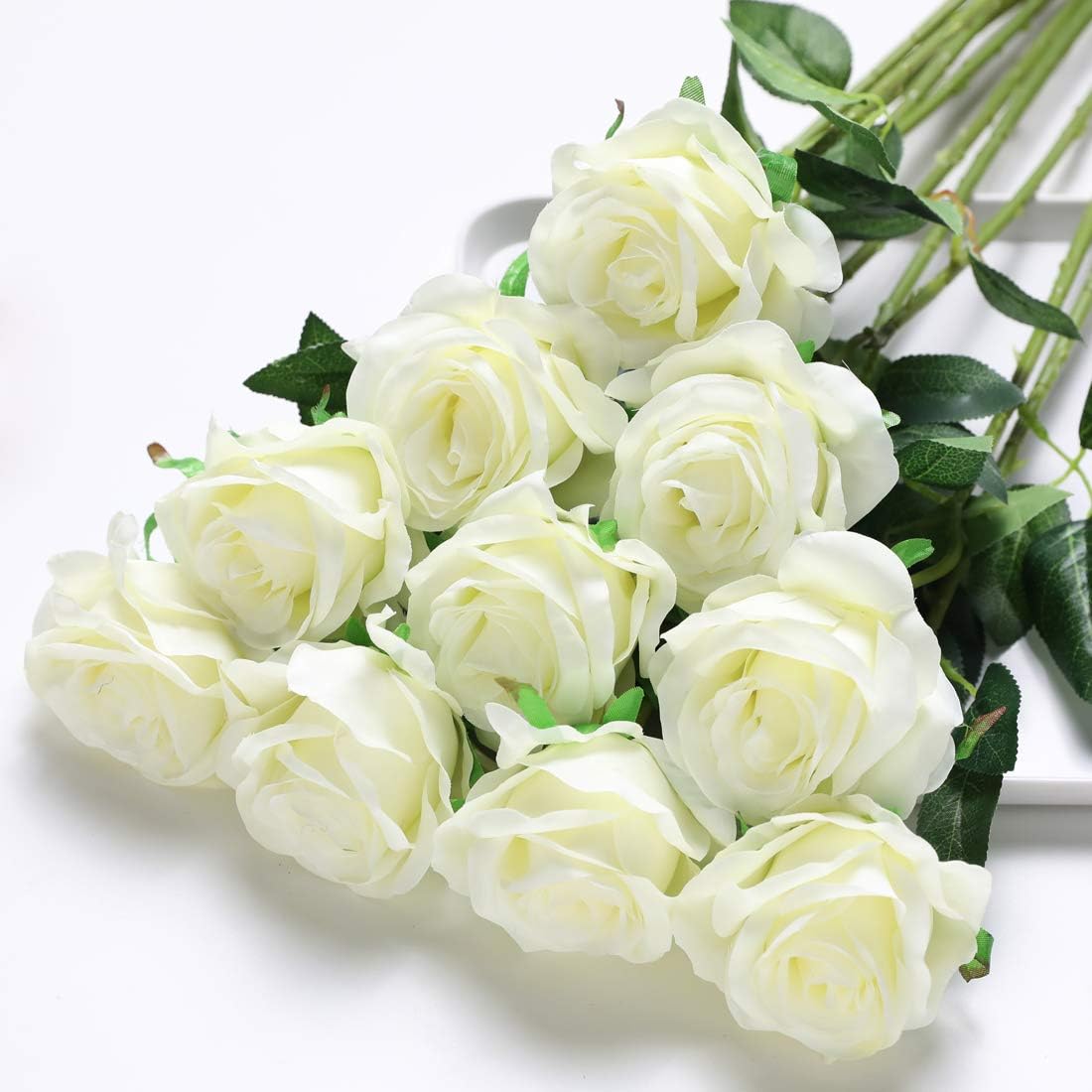 Veryhome 10 Pcs Artificial Roses Silk Flowers Fake Single Stem Blooming Rose Bridal Bouqets For Wedding Home Birthday Party Arrangment Garden Decoration (White) - Image 3