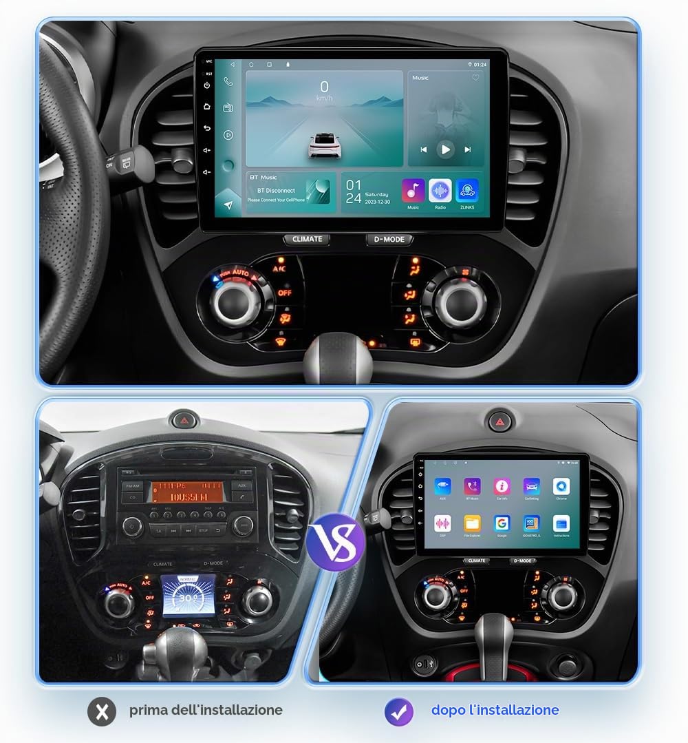Android 13 9 pollici autoradio per Nissan juke2010-2014 4 core 2GB & 64GB di memoria, supporta wireless carplay/Android auto, controllo volante, WLAN/4G, AM/FM