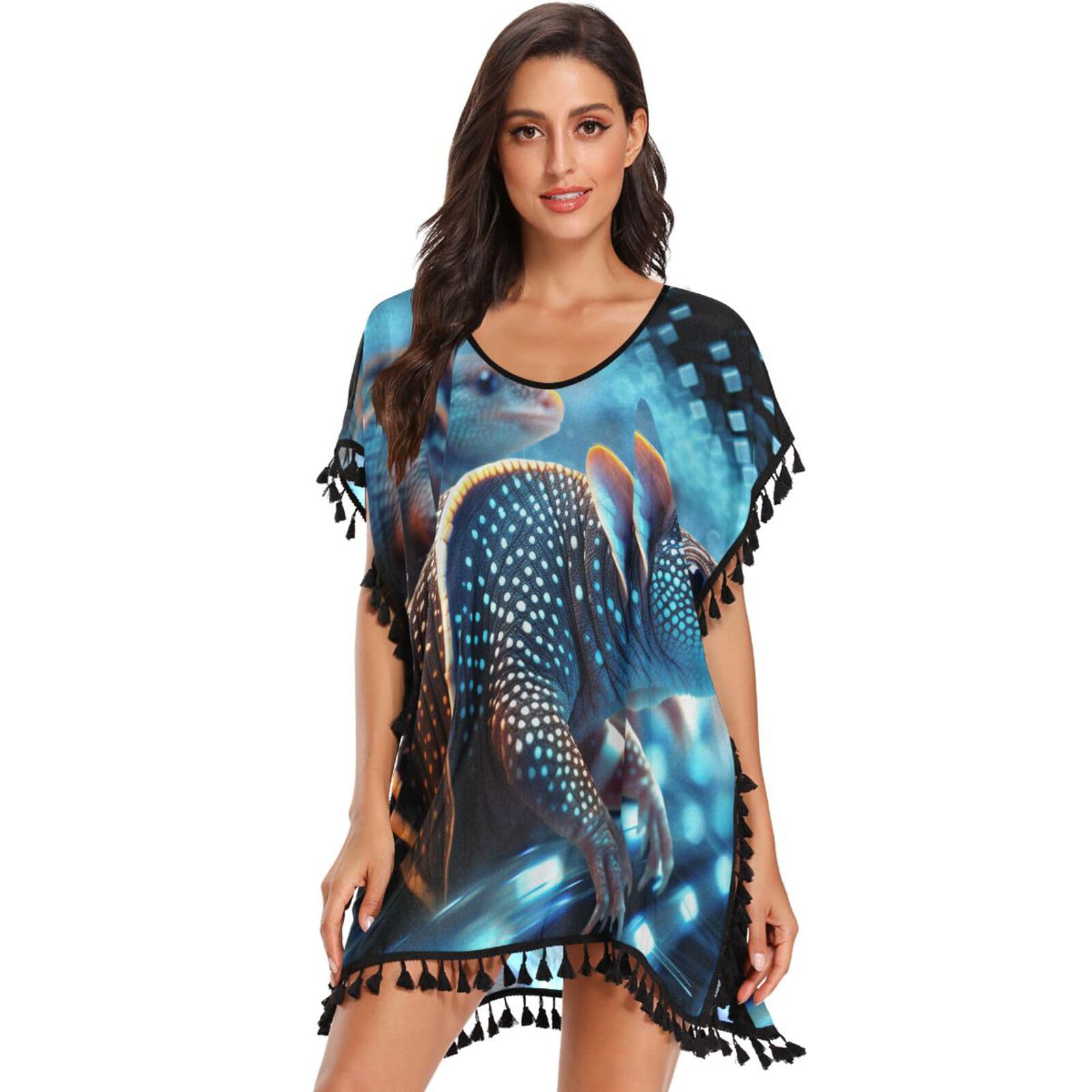 Sparkle Art Blue Armadillos Mouse Women's Beach Cover Up Chiffon Tassel Swimwear Swimsuit Coverups for Girl