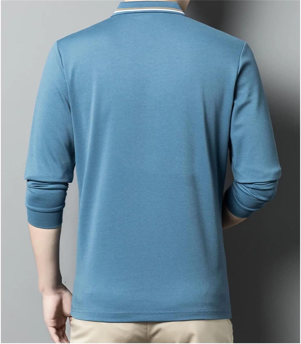 Men Lapel Solid Polo Shirt Long Sleeve Button Striped Patchwork Business Casual Shirts Top