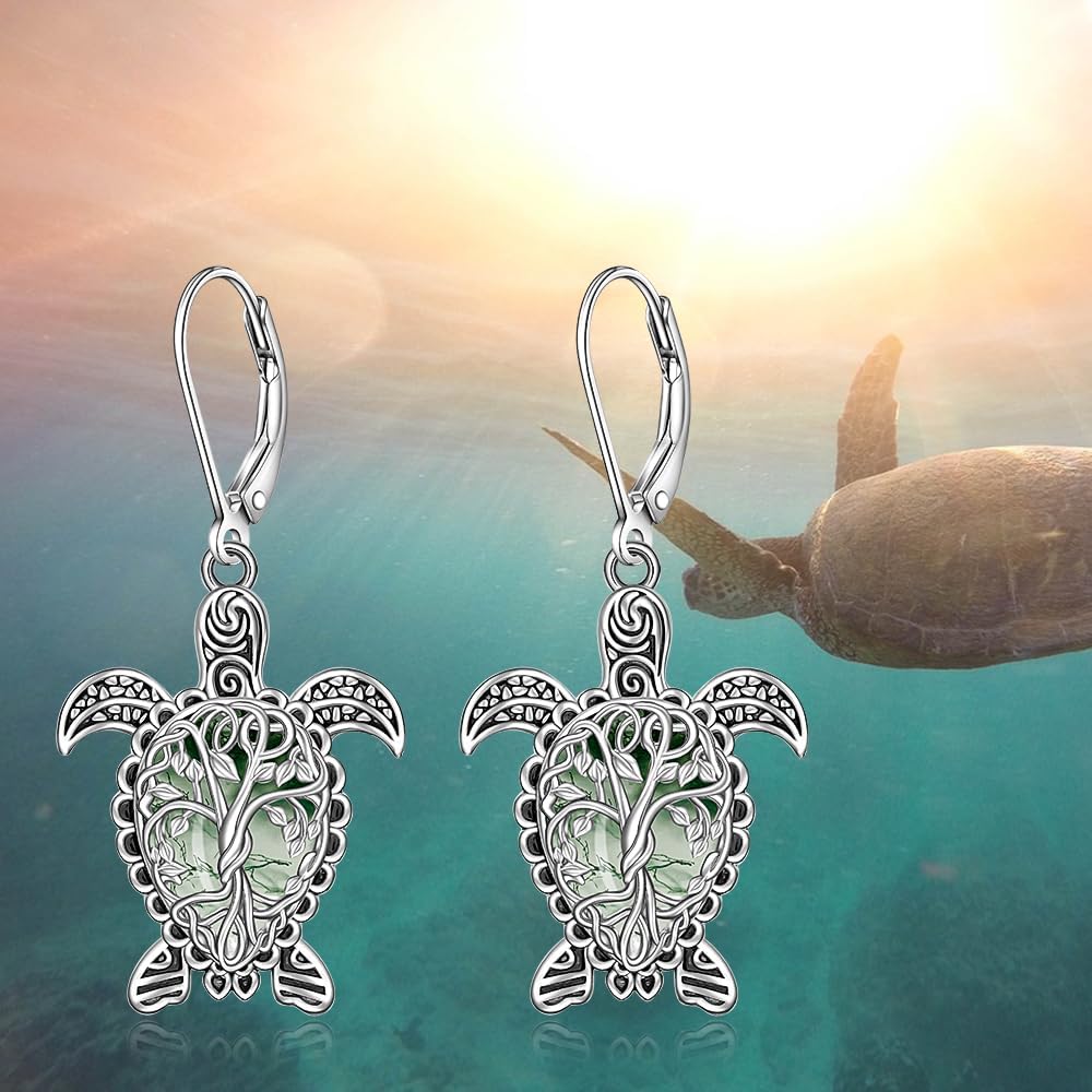 Sea Turtle Earrings Tree of Life Moss Agate Turtle Earrings for Women Sterling Silver Moss Agate Leverback Dangle Jewelry Christmas Gifts - Image 5