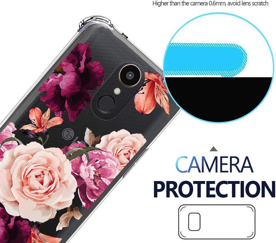 Case for LG K20 Plus, LG K20, LG K20 V, LG K10 2017, LG LV5, Harmony, VS501, Grace LTE for Girls N Women Clear with Cute Red Pink Flowers Design Shockproof Bumper Protective Floral Cell Phone Cover