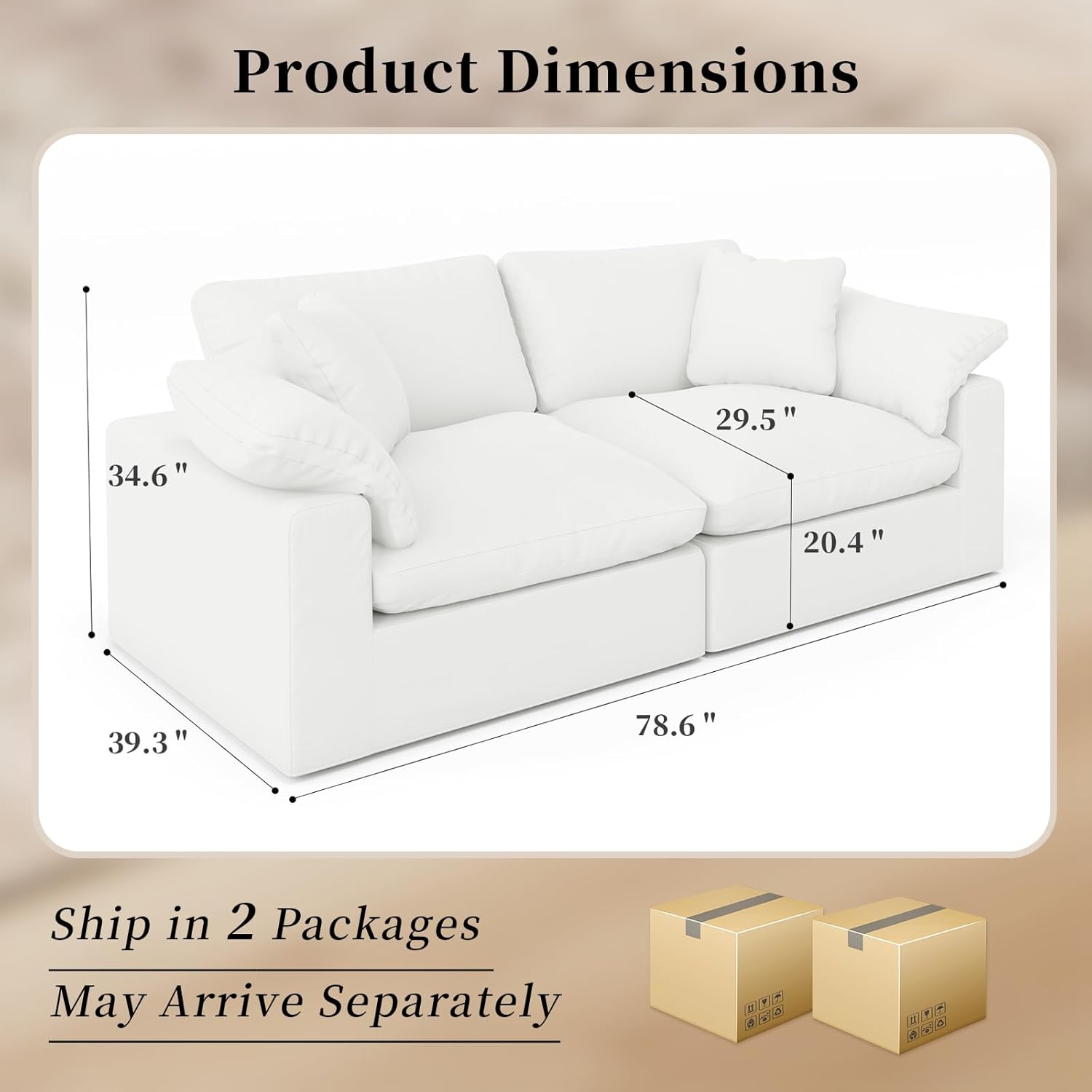 Modular Cloud Sofa 78.6" Down Filled 2 Seater White Linen Cushions Living Room Furniture