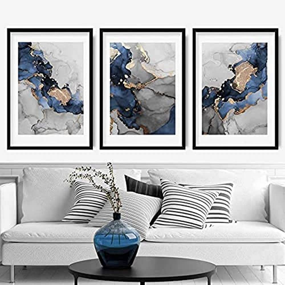 Wall Art Tableau abstrait 3 pièces - 40 x 50 cm - Bleu marine/gris/doré