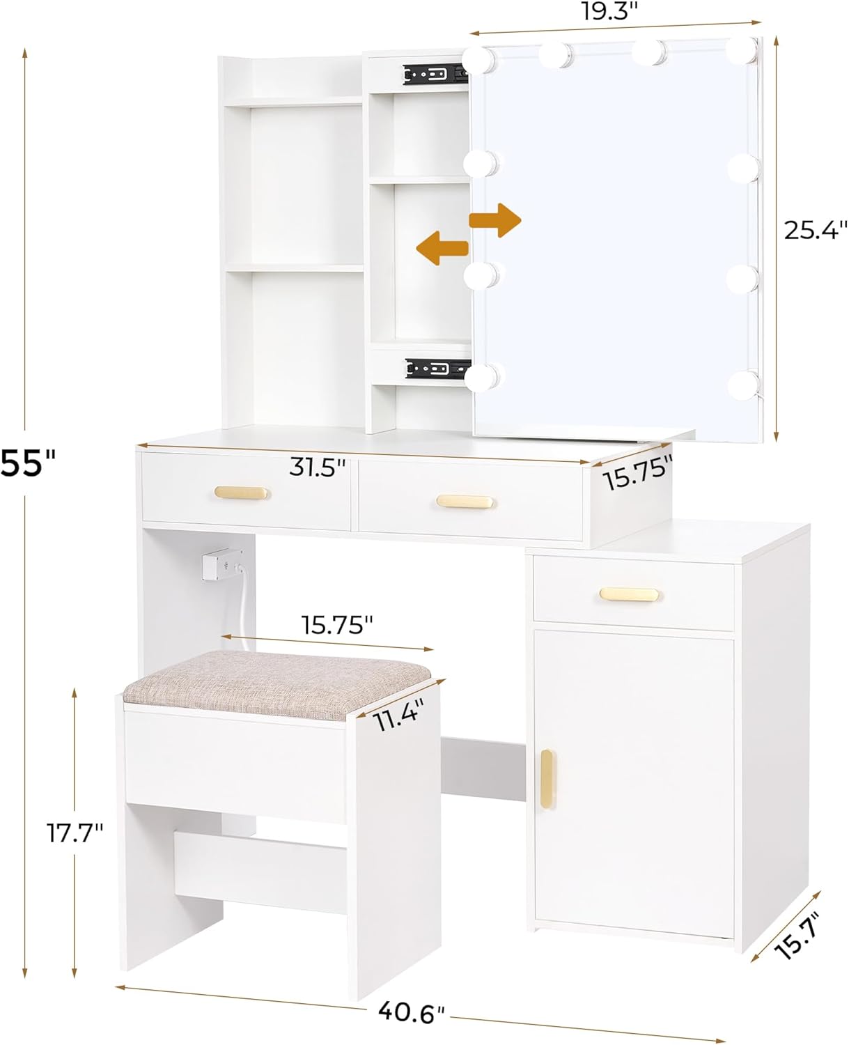 Diagram showing the dimensions of the ANWBROAD Makeup Vanity Desk UBDT54W