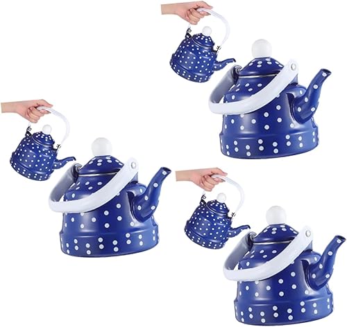 Cabilock Tetera esmaltada para restaurante Home en L 3 piezas con esmalte de cocina interior de puntos agarre de puntos azules blanco y vintage para