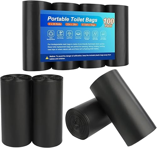 100 bolsas de inodoro portátiles para camping, bolsas de inodoro biodegradables Porta para orinales, bolsas de basura gruesas compostables de 8