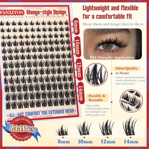 Image of Fairy Lash Clusters with Spikes Eyelash Extensions Wispy Manga Lashes Individual Lashes Extension 8-14mm DIY Soft Eyelash Clusters 144Pcs Lash Clusters Kit DIY at Home by FANXITON