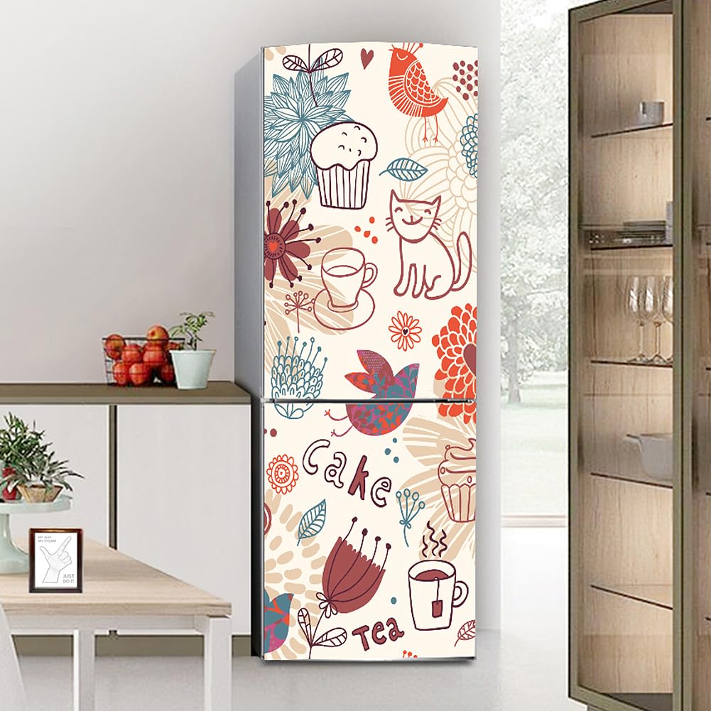 Fridge Stickers, Fridge Sticker Full Covering Door Covers Skins Wall Stickers for Kitchen Decal, Cake Coffee cat and Bird(S: 60x150 cm)