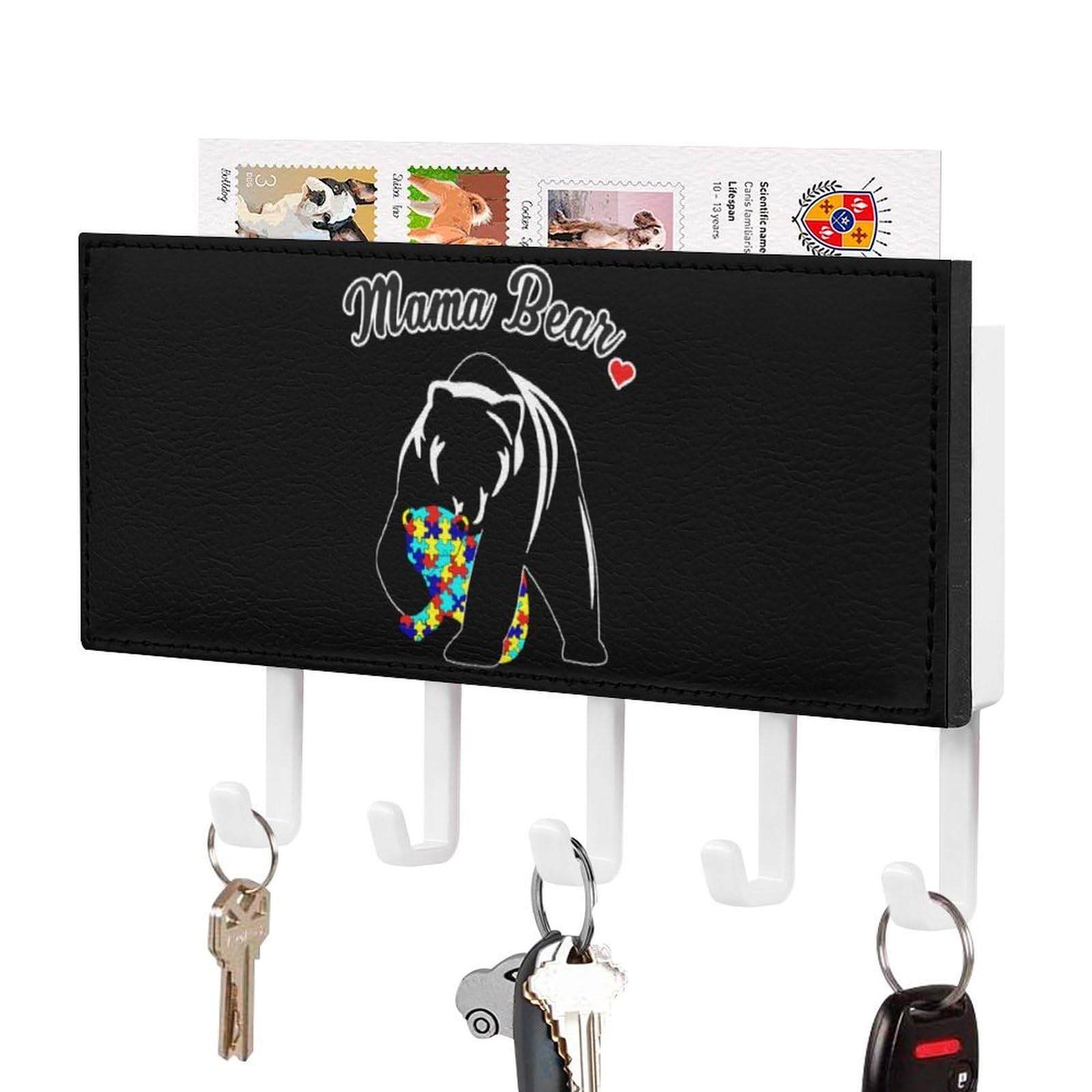 NCLQVJXZKHW Funny Bear Autism Awareness Key Holder with 5 Hooks Key Hooks Wall Mounted Key Racks Key Hanger Organiser Shelf
