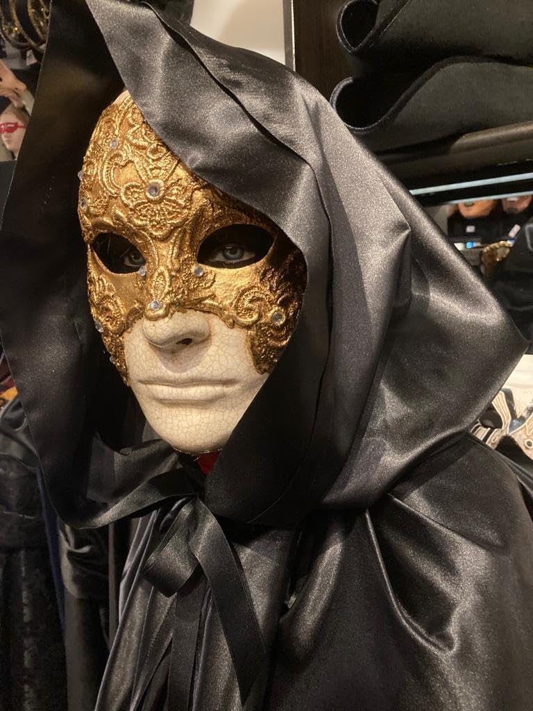 Eyes wide shut mask and hooded black satin cape set, combination of the 2 items. Handmade Venetian masquerade costume - Halloween clothes - Halloween outfit for men.