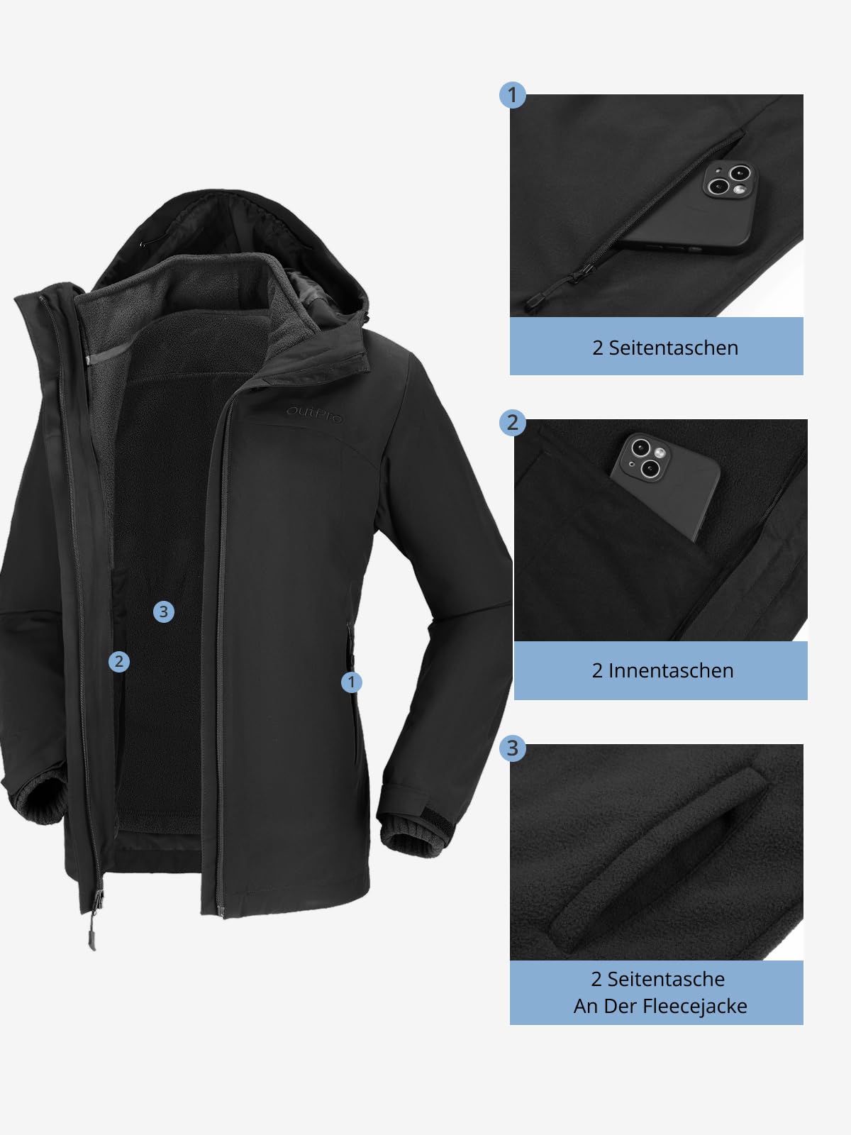 OutPro 3-in-1 Winterjacke Damen Wasserdicht Winddicht Skijacke Outdoor Wandern mit Fleece Gefüttert Doppellagige Abnehmbare Kapuzen-Funktionsjacke für Ski, Bergsteigen, Reisen