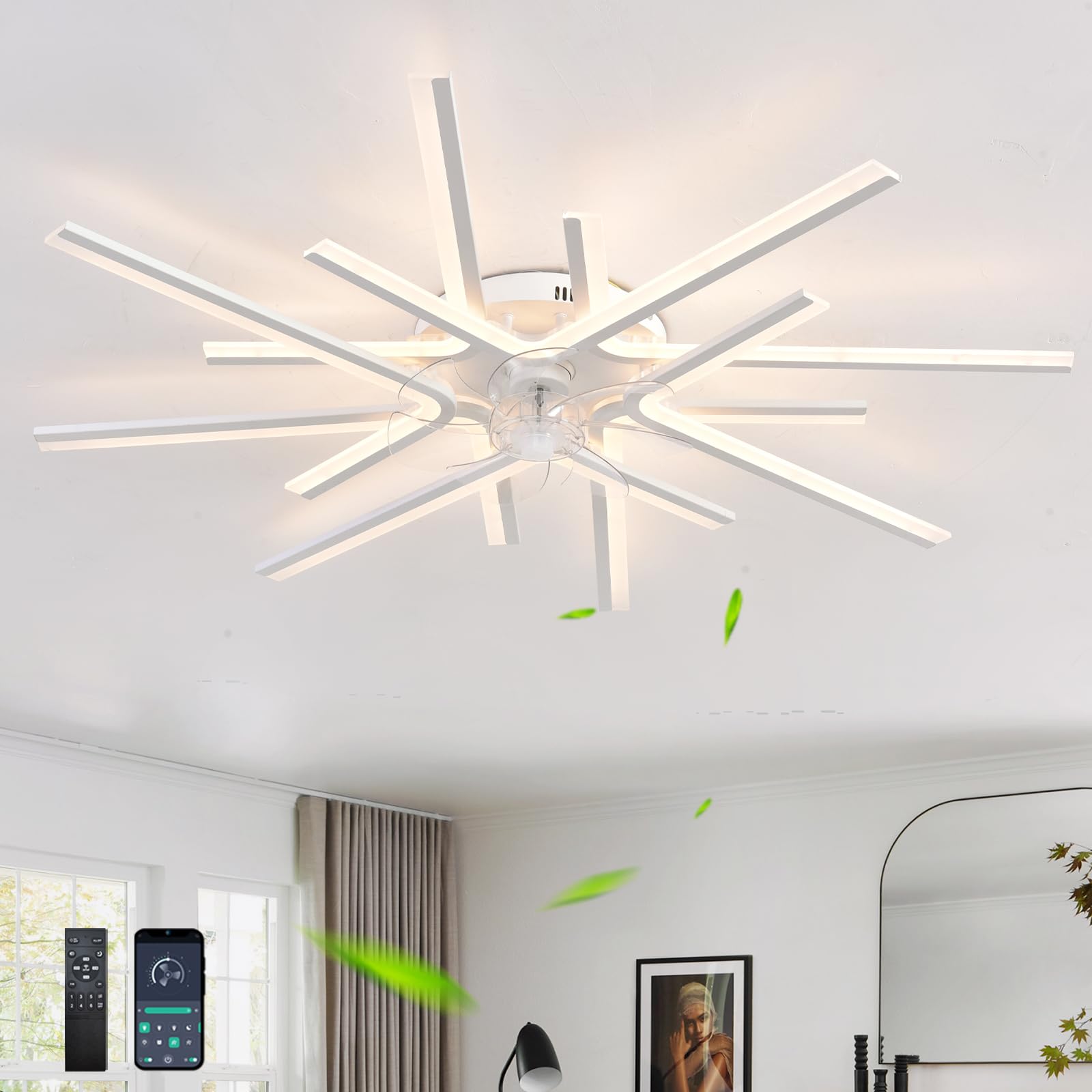 Moderna Lampara Ventilador Con Mando A Distancia APP, Ventilador Techo Con Luz Reversible 6 Velocidades CC, Luz Ventilador Techo Regulable LED Para Dormitorios Y Salón-White||8 Heads
