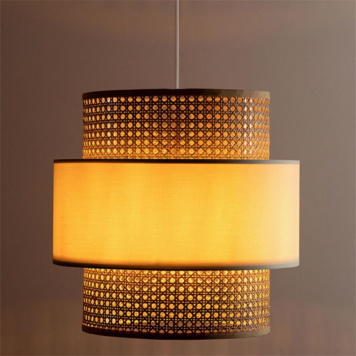 LQZCXMF Bamboo Linen Fabric Light Fixture Boho 15.7" Farmhouse Chandelier for Kitchen Island with Beige Fabric Lantern Rattan Cage Lampshade for Dinging Room, Farmhouse Entryway Beige Wicker Light