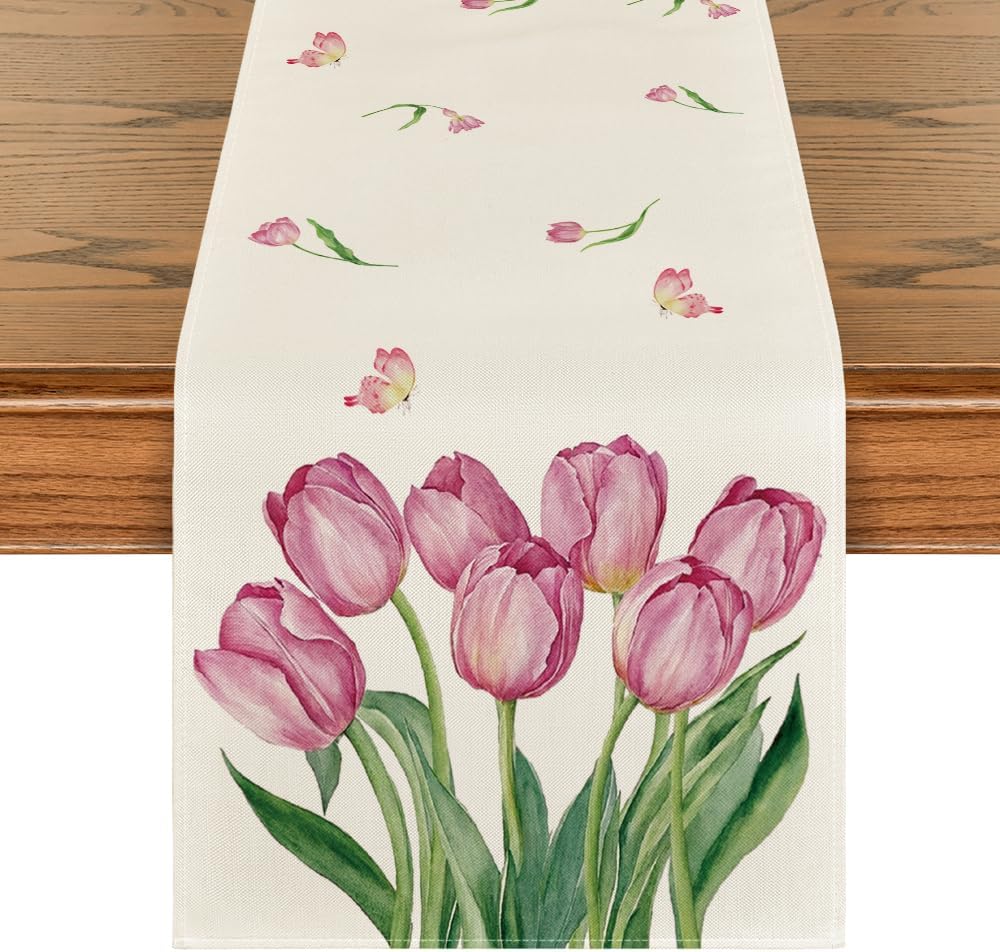 Flowers Tulips Butterfly Spring Table Runner, Summer Kitchen Dining Table Decoration for Home Party Decor 40x140 cm