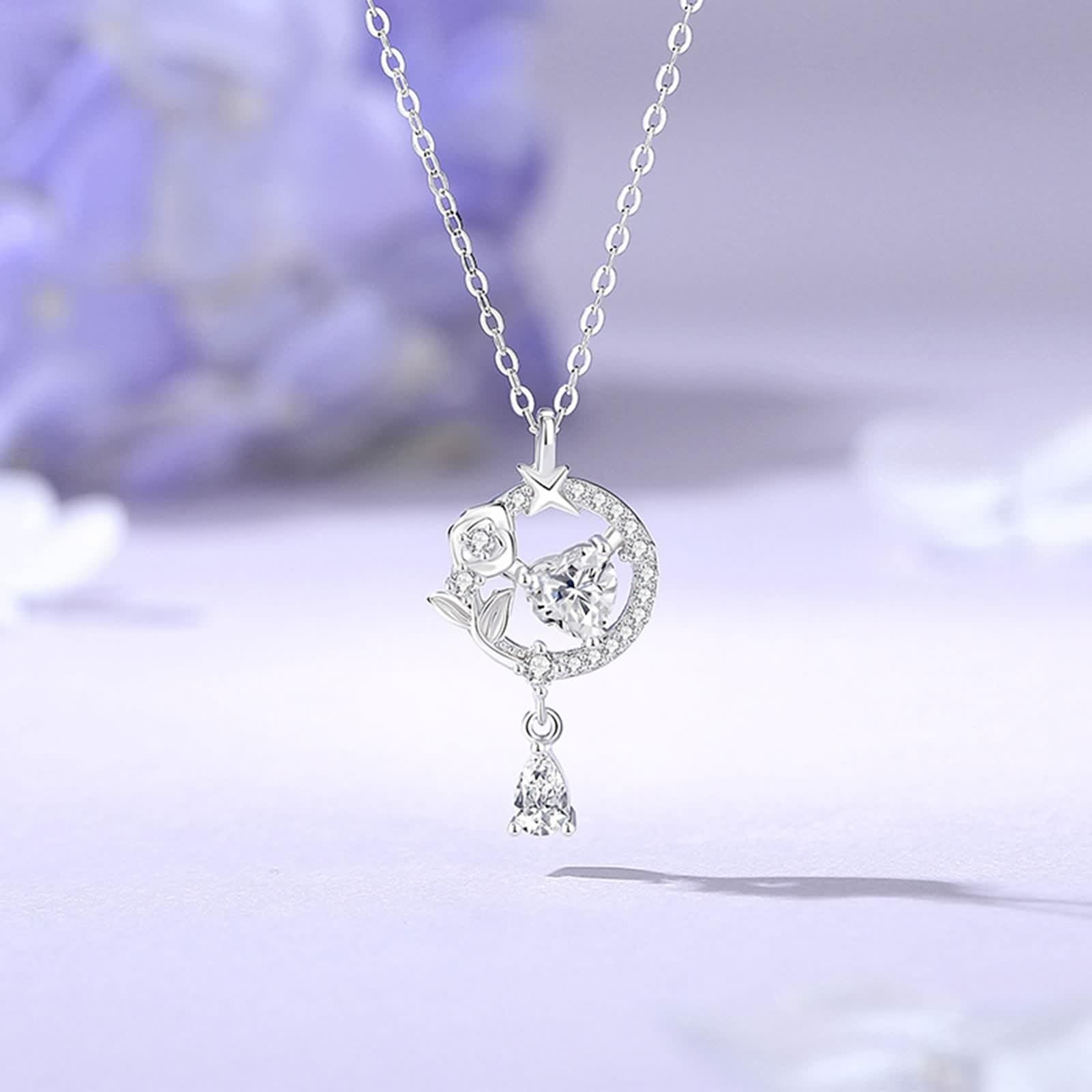 Moissanite Collana, Collana Donna Lunga Vintage Ciondolo Catenina Gioielli Oro Bianco 9K/14K/18K Lacrima di Rosa D'Amore 40+5cm