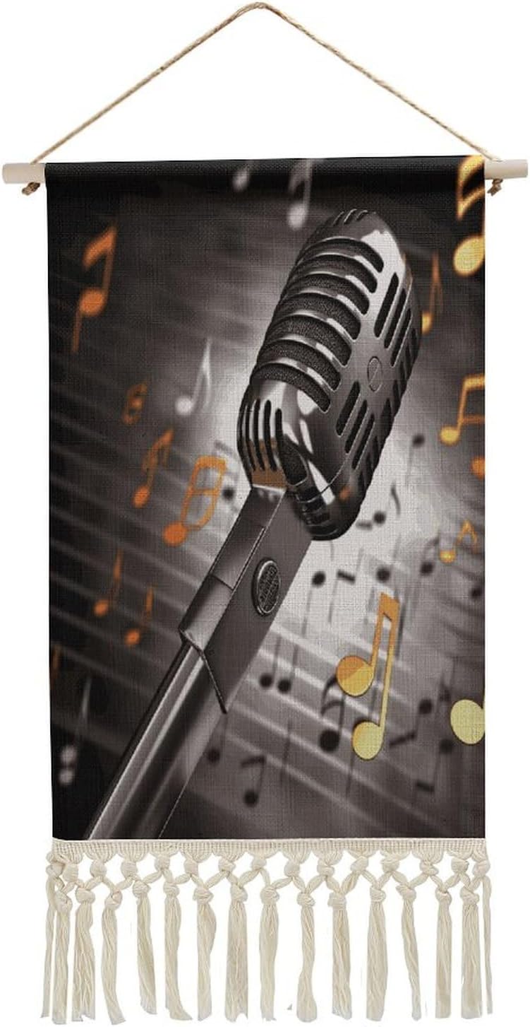VstaDank Microphone with Music Notes Wall Art Decor with Tassels 20"x10" Cotton Linen Hanging Tapestry Decor Wall Art Prints Wood Frame Boho Wall Art Poster for Bedroom Living Room Office