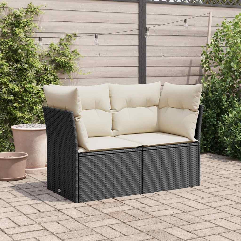 Divano da Giardino Polyrattan Nero 2 Posti con Cuscini Crema Set Relax Esterno Resistente UV Modulare 124x62x69 cm Seduta Imbottita Lavabile Poltrone Giardino