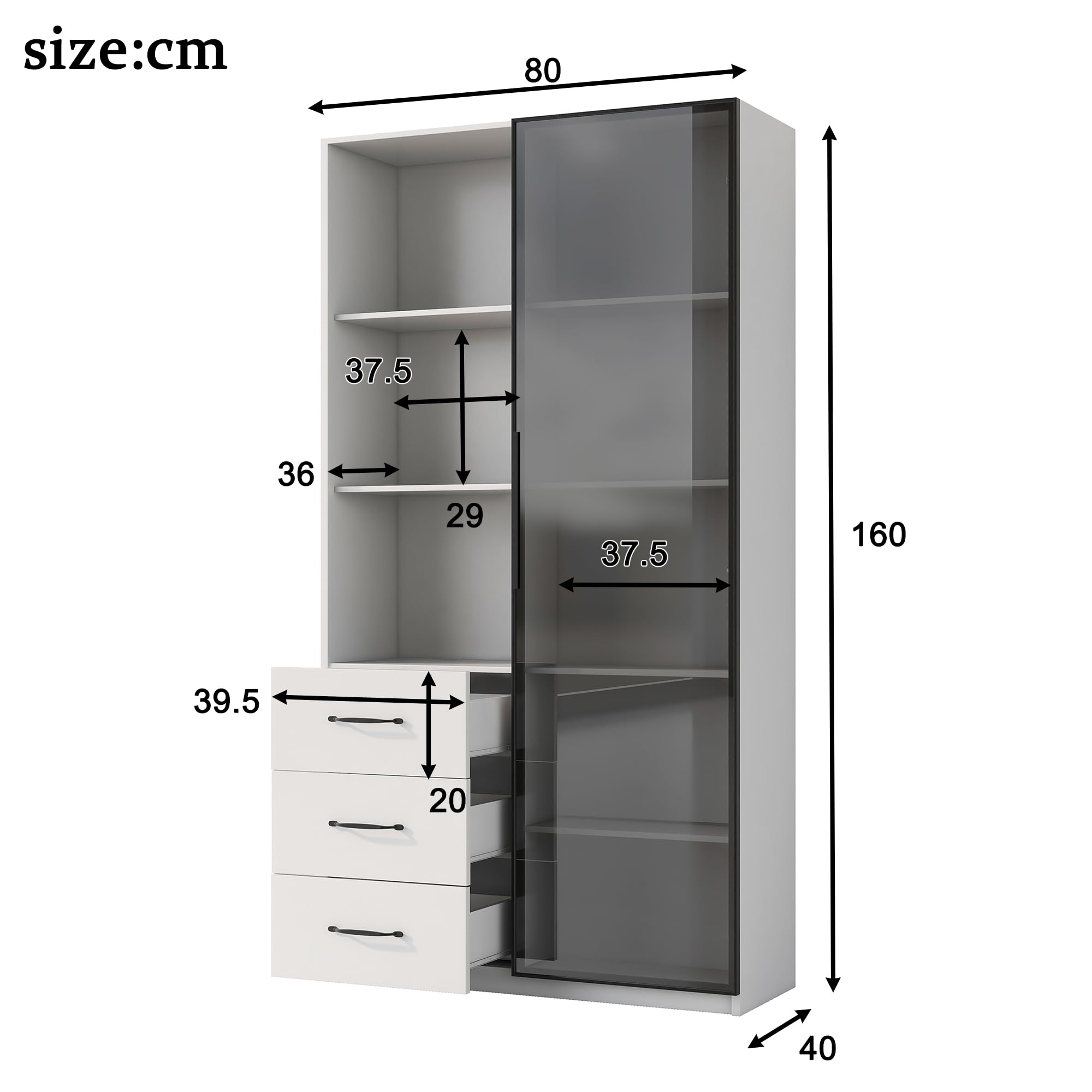 Vetrina con illuminazione LED 80 x 40 x 160 cm – Libreria con anta in vetro temperato e luci LED, 3 cassetti e 3 vani aperti, struttura in alluminio, LED multicolore (F)