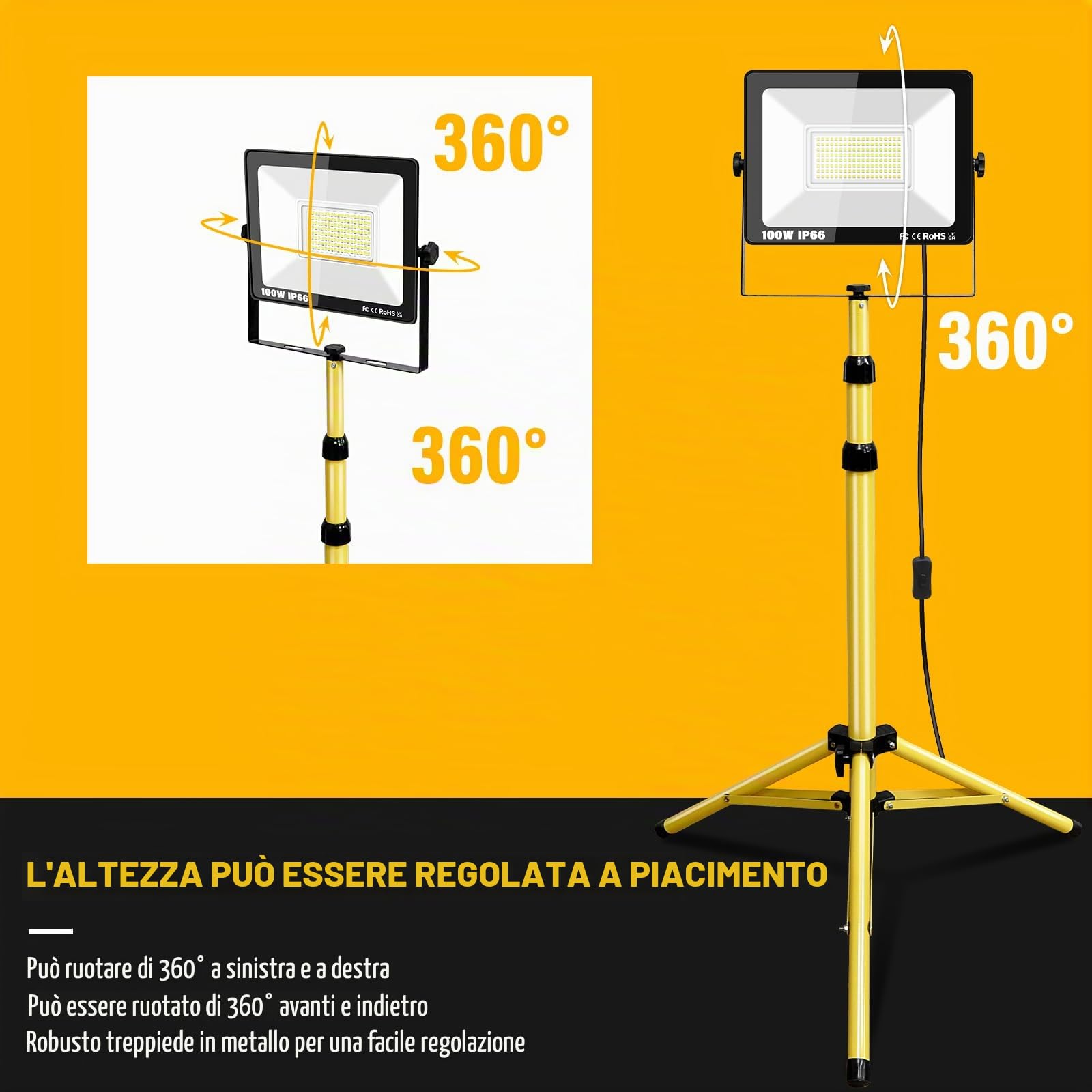 100W Faretto LED da Cantiere con Regolabile Treppiede, Proiettore LED da Lavoro Bianca 6000K, Cavo da 5m, IP66 Faro Led Illuminazione Interna Esterna per Officina Garage