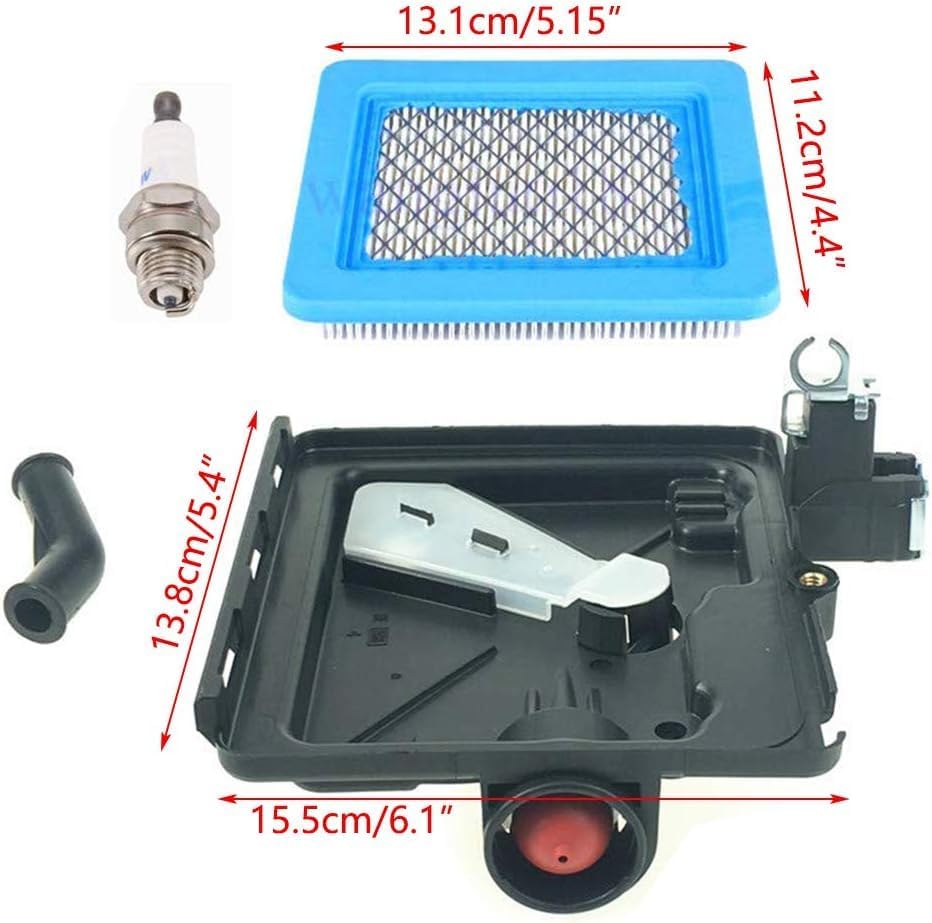 All components of the carburetor kit including air filter, spark plug, primer base, and gaskets with dimensions
