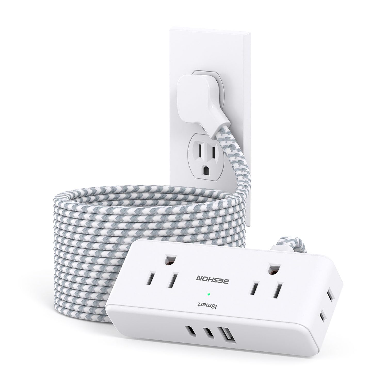 Extension Cord 15 ft, BESHON Flat Plug Power Strip, Long Power Strip, 4 Widely Outlets with 3 USB Ports (2 USB C), Extension Cord with Multiple