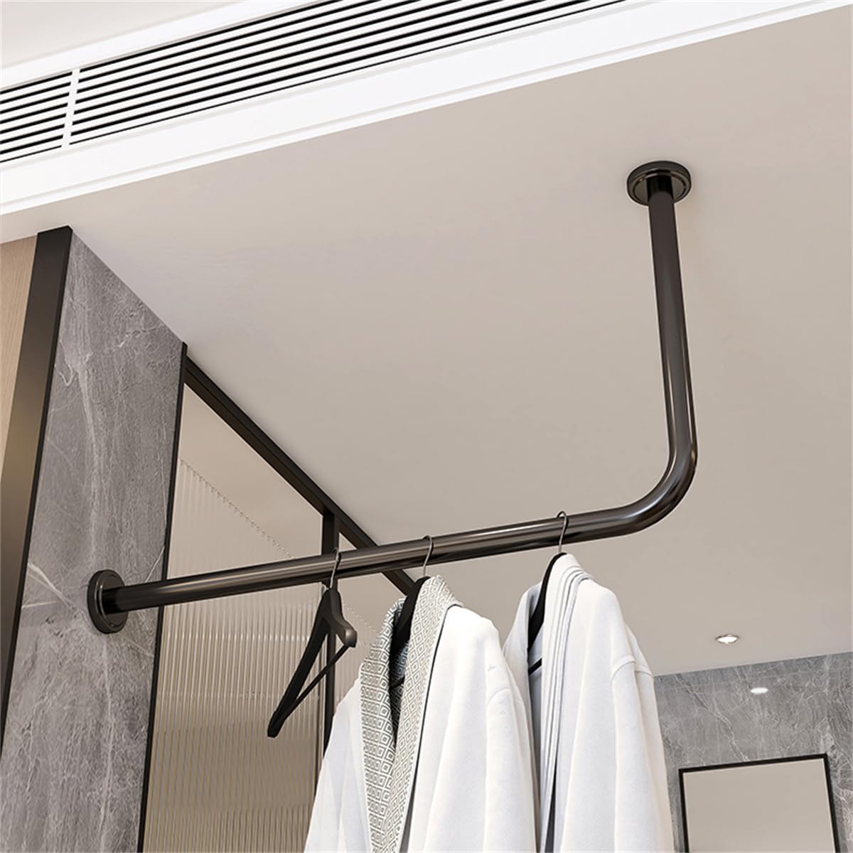 Porte-vêtements d'angle mural robuste en forme de tuyau industriel pour armoire, entrée et chambre à coucher – Noir 100 x 50 cm Design compact