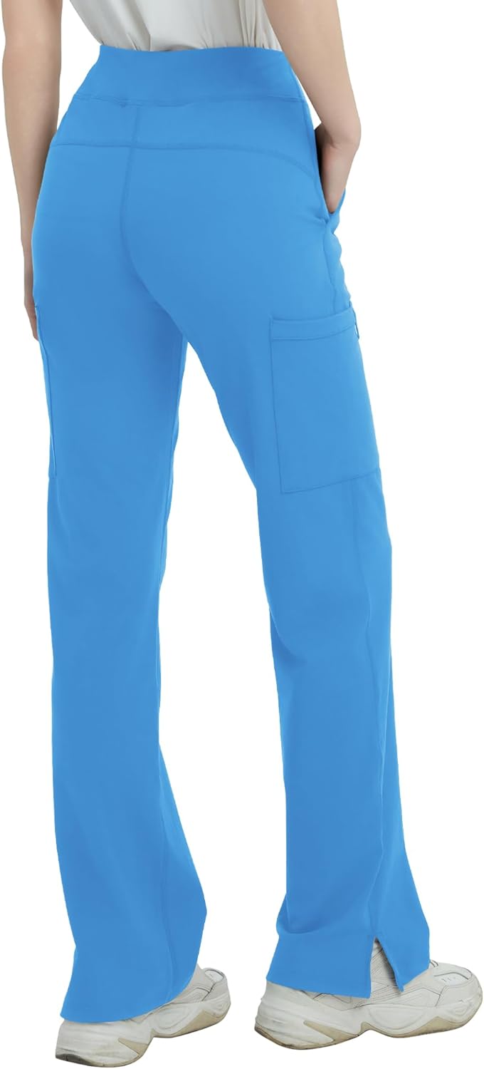 QBK High Rise Yoga Scrub Pants Women - Straight Wide Leg Uniform Pants with Cargo Pocket, Anti-Wrinkle & Knit Yoga Waistband - Image 2