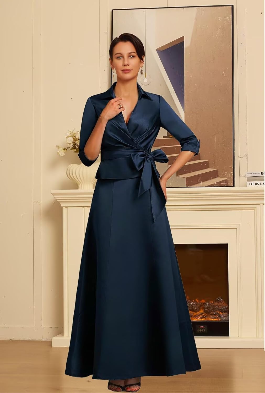 Satin Mother of The Bride Dresses 2 Piece A Line Wedding Guest Gowns V Neck 3/4 Sleeve Mother of The Groom Dress