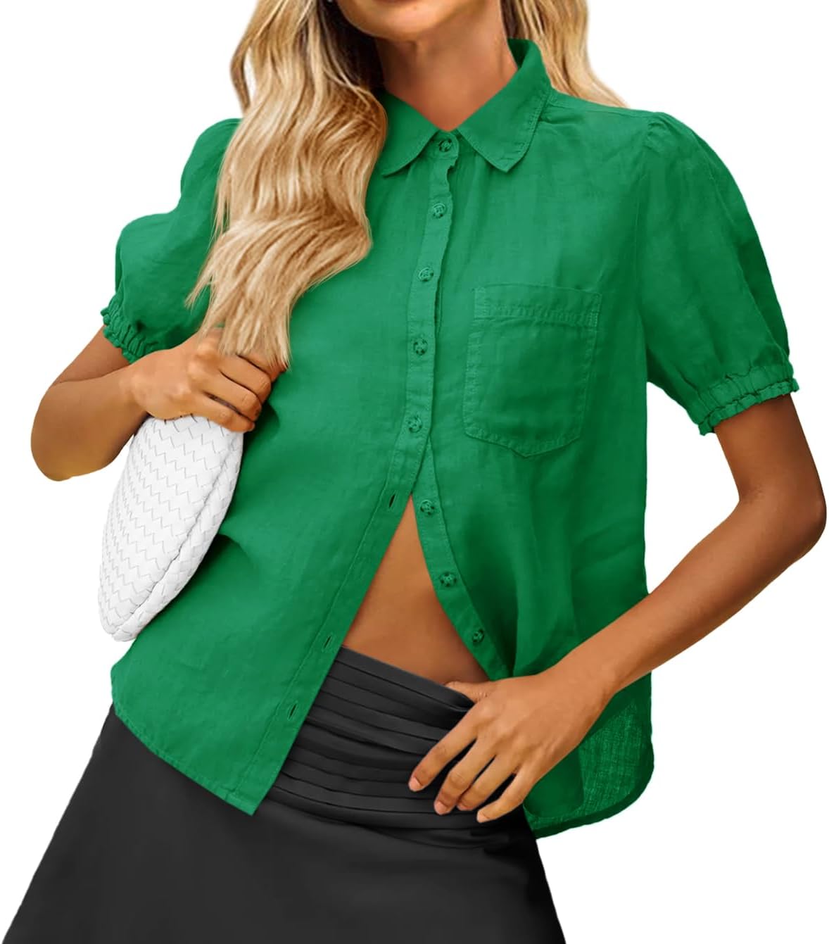 Cicy Bell Womens Puff Short Sleeve Button Down Shirts Summer Casual Collared V Neck Blouse Linen Loose Fit Work Tops - Image 4