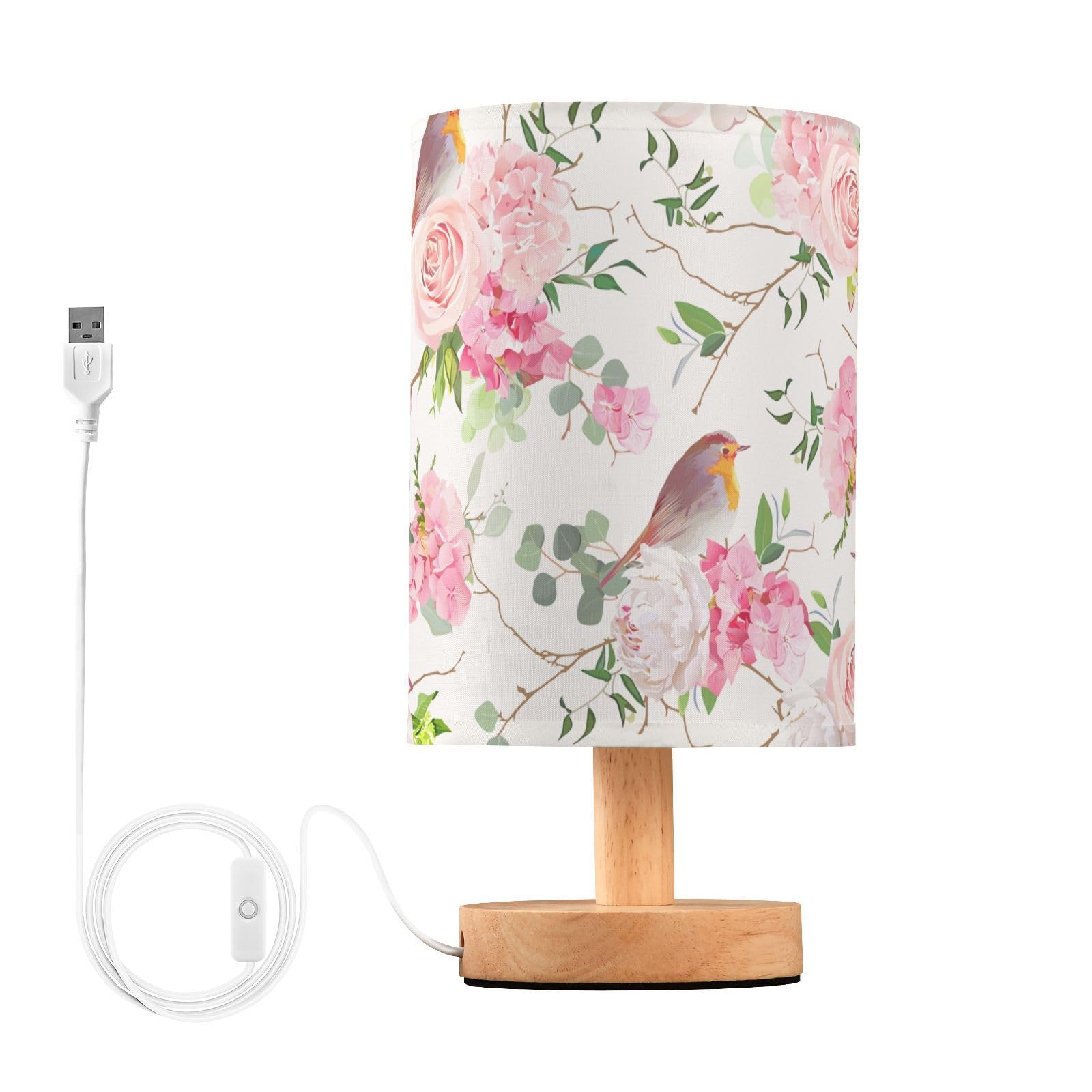 Mnsruu Bedside Table Lamp Natural Robin Bird and Peach Rose Pink Eucalyptus Bedside Lamps LED Light Desk Lamp Fabric Shade Small Lamp for Bedroom Living Room (Bulb Included)
