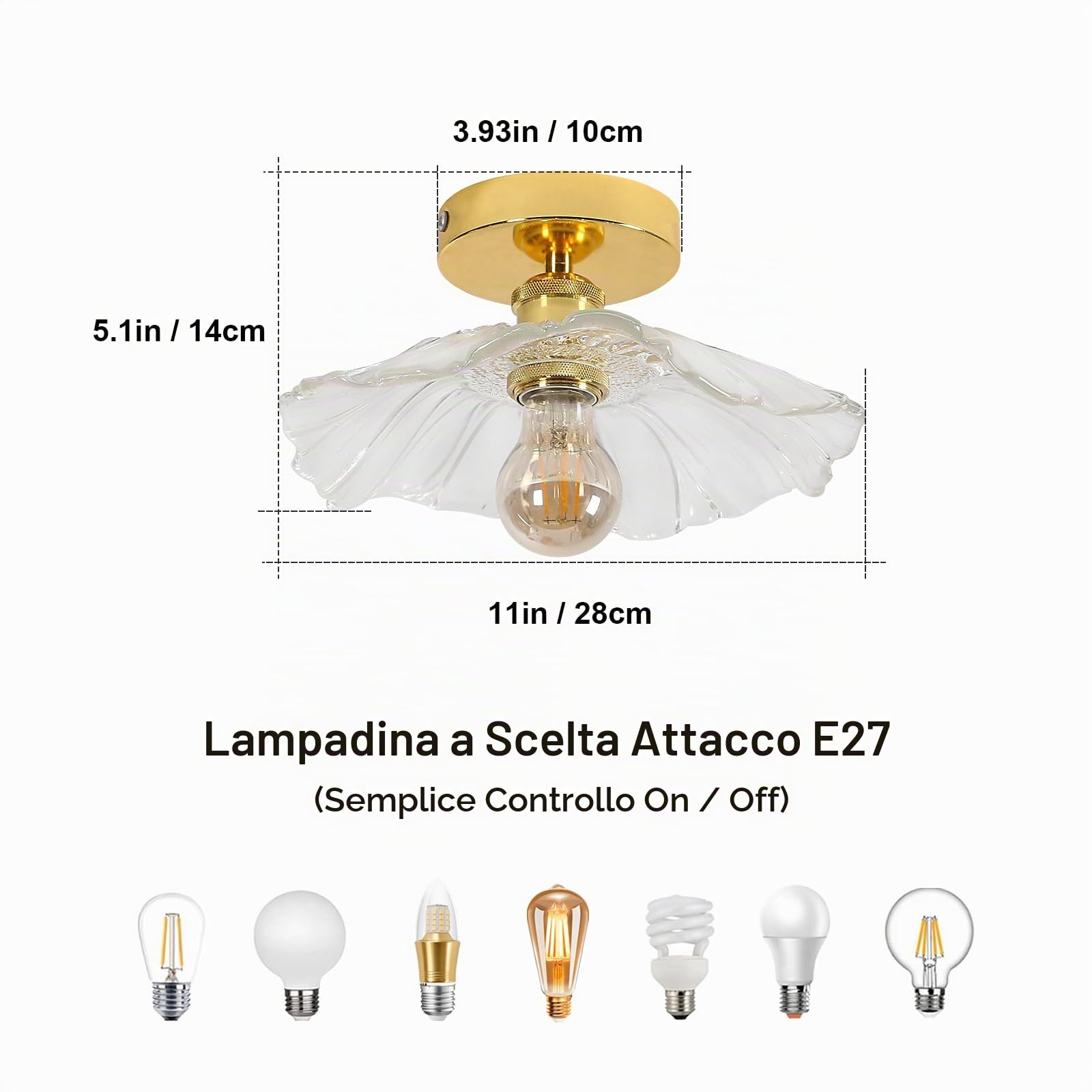 Comely Plafoniera per Corridoio, E27 Lampada da Soffitto Forma Di Fiore, Piccola Plafoniere da Soffitto in Vetro Trasparente, Base d'oro,Lunghezza 28cm, Lampadina non Inclusa