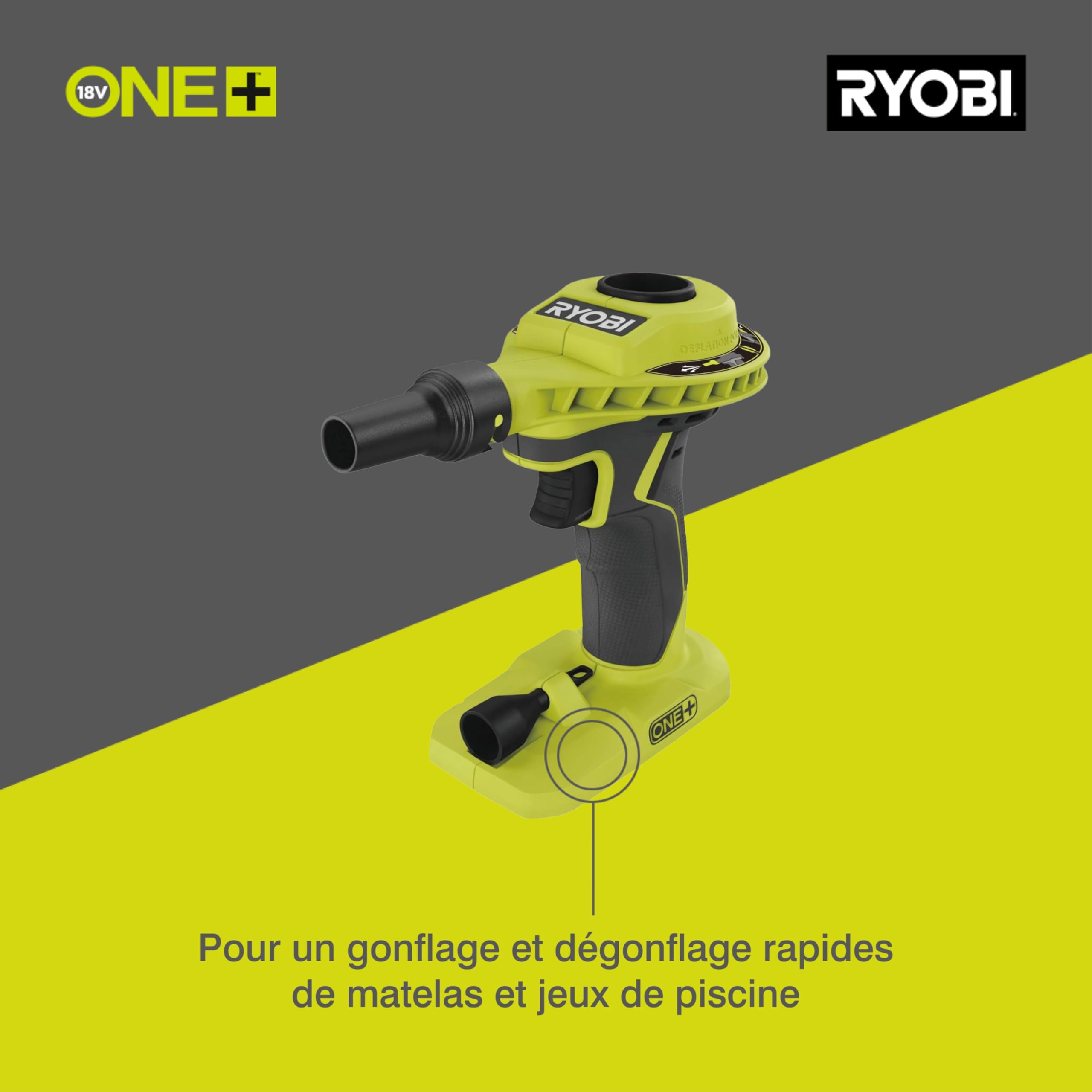 RYOBI - Gonfleur à Volume d’Air sans Fil 18V One+ R18VI-0 – Idéal Matelas, Piscines, Bouées – Compact, Embouts Inclus, Fonction Soufflage – Batterie Non Incluse