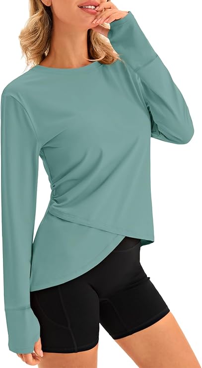 Fisoew Womens Long Sleeve Workout Tops Athletic Compression Shirts Crew Neck Cross Hem Running Yoga Active Shirts