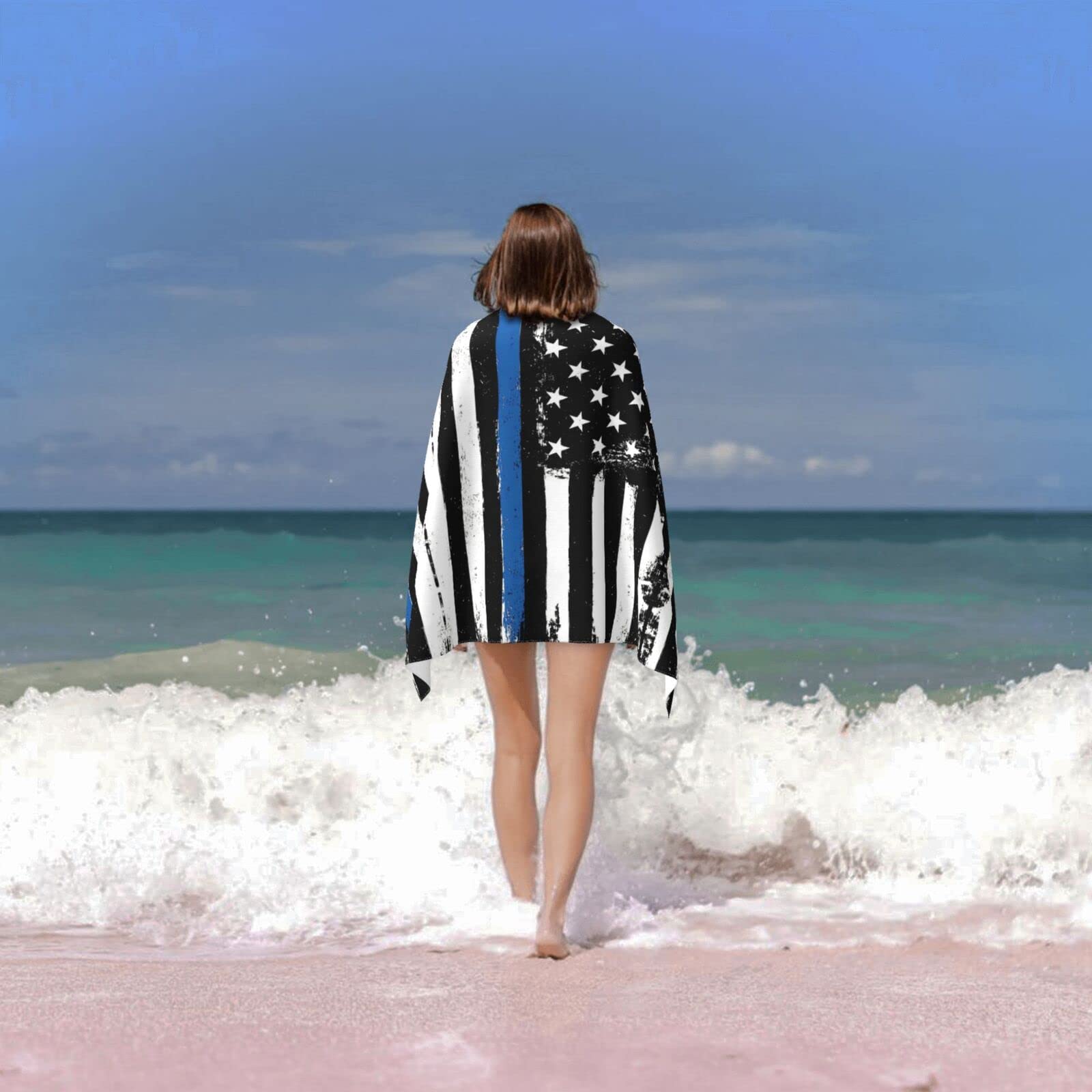 Niebieska cienka linia flaga USA ręcznik plażowy i ręcznik do jogi, szybkoschnący ręcznik podróżny z mikrofibry na plażę, basen, do pływania, dłoni, twarzy i ciała