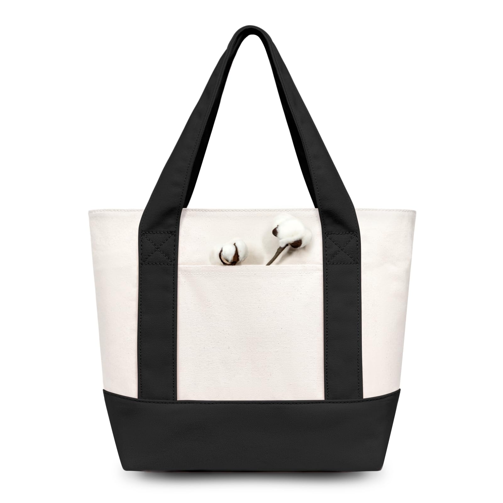 TOPDesign 1-Pack Small Canvas Tote Bag with an External Pocket, Reusable Bag, Top Zipper Closure, Daily Essentials (Black/Natural)