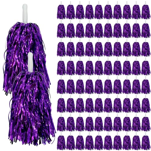 80PCS Cheerleading Pom Poms Metallic Foil Plastic Pom Poms for Football Basketball Sports Squads Dancing Party Stage Performance Celebration (Purple)